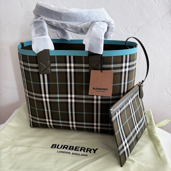 BURBERRY Olive Green Check Cotton Canvas Medium London Tote Bag - Picture 2 of 11